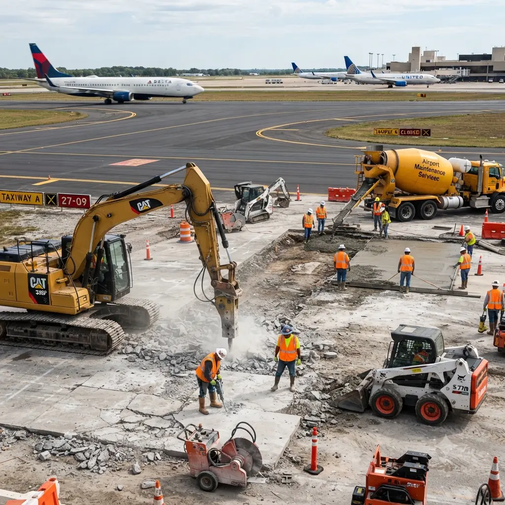 demolición y fundida de concreto de un fragmento de la pista de un aeropuerto